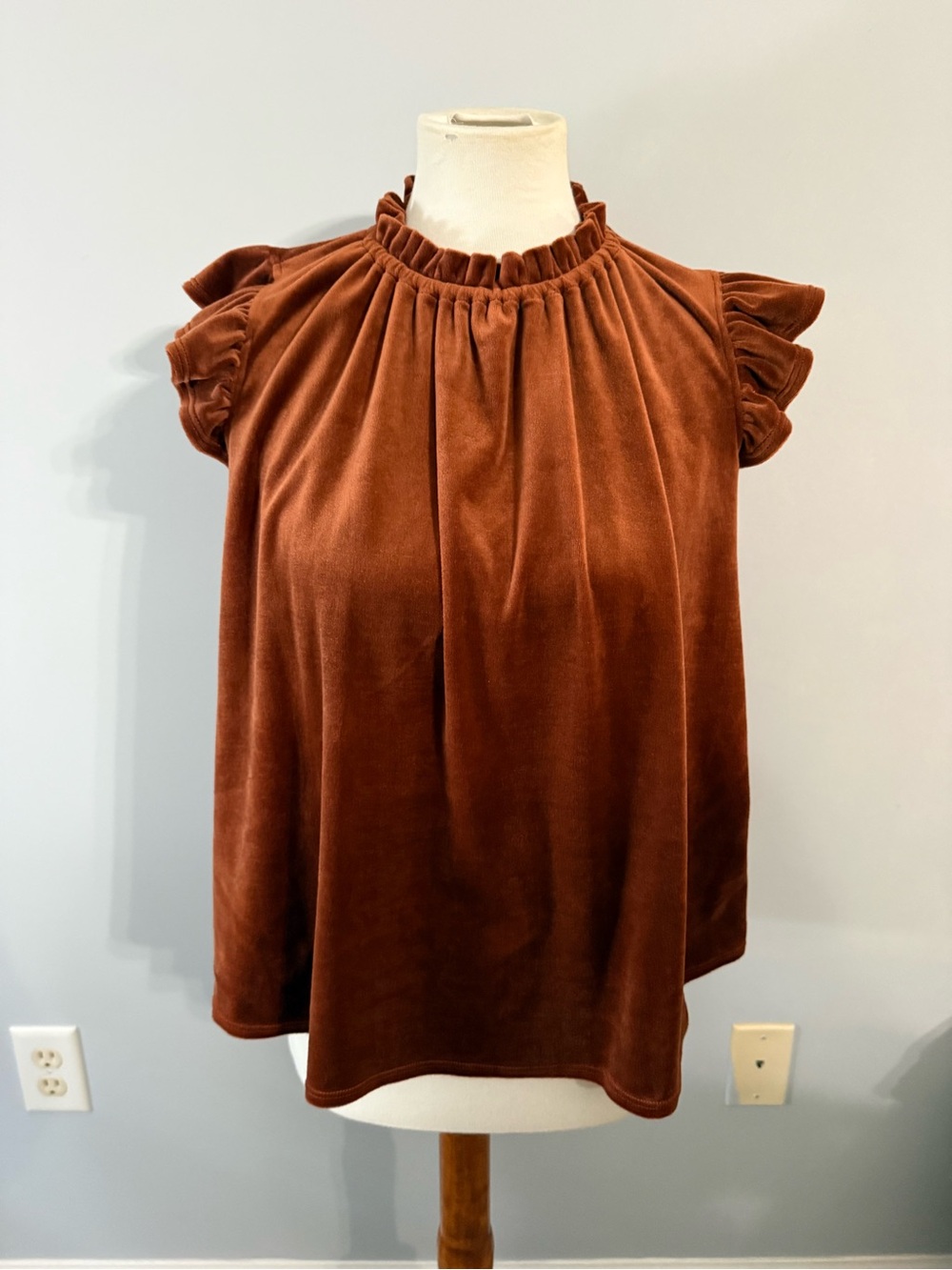 BUCKETLIST Rust Brown Velvet Ruffle Sleeve Blouse
